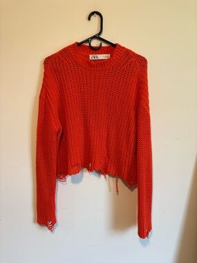ZARA Bright Orange Distressed Crewneck Sweater